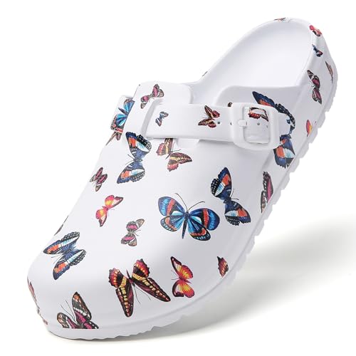 Image of Eliogn Women's Garden Clogs with Print, Waterproof Slip Resistant Work Clogs, Lightweight EVA Slip-On Mules, Cushioned Comfortable Shoes for Nurse, Chef, Kitchen, Beach
