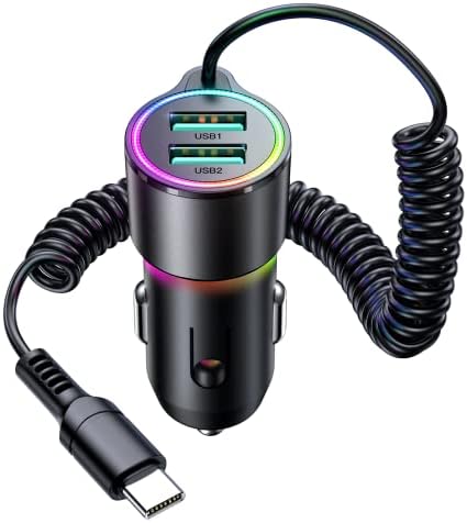 FLYLEAD Car Charger, 3.4A USB Car Charger Adapter Dual USB Car Charger with 5ft USB C Cable, Car Charger Adapter for Samsung Galaxy S22/S21/S10/iPhone/Note 20/Moto/Google Pixel 6 and More