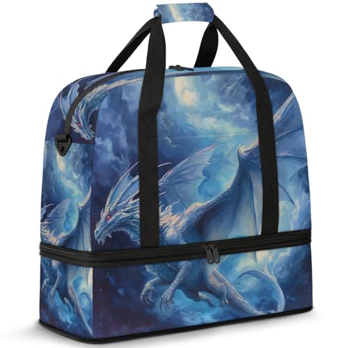 Large Weekender Overnight Bags Animal Blue Dragon Travel Duffel Bag for Women Men Gym Bag With Shoe Compartment Foldie Travel Tote Bag Carry On Personal Item Bag for Travel Gym Sports