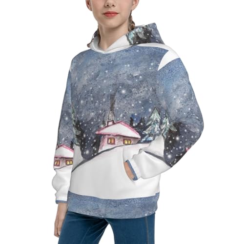 Watercolor Winter Landscape For Christmas Kid Hoodies Boys Sweatshirts Girls Pullover with Pocket2