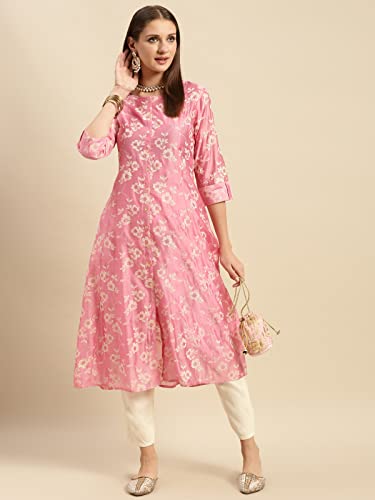 Image of rangita Pink Chanderi Calf Length Printed Flared Kurti for Women | Kurta for Women