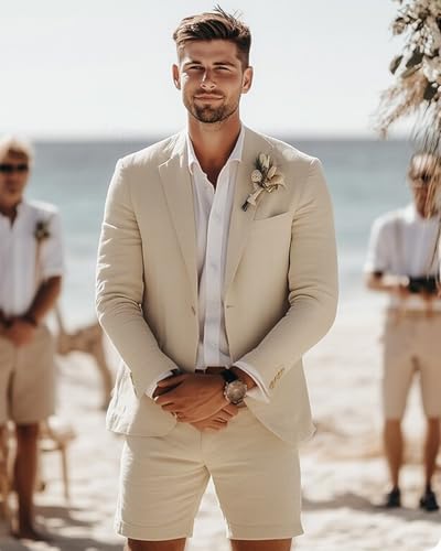 VENNYNG Mens Linen Jacket Shorts Suits Single Breasted Summer Ambo Cool Comfortable Tuxedo2