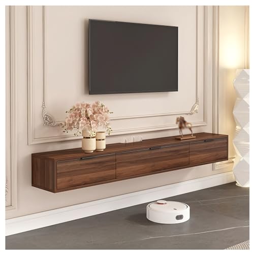 Moderno soporte de TV flotante montado en la pared, consola de entretenimiento de madera maciza con gestión de cables, diseño de perfil bajo para sala de estar y dormitorio (marrón, 200 x 22 x 21 cm)