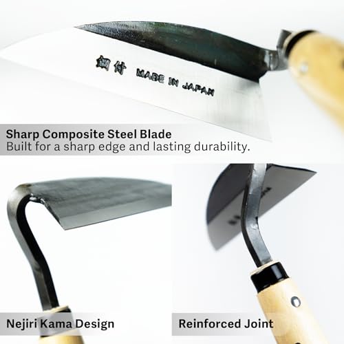 Japanese Weeding Sickle, Hand Weeder Tool for Surface Weed Removal, Tight Spaces and Light Grass Cutting, Made in Japan by HONEN