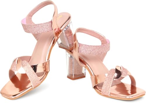 Image of Action Women's Rose Gold Glitter Sandals| Clear Block Heel| Cross-Strap Design with Ankle Strap Bronze
