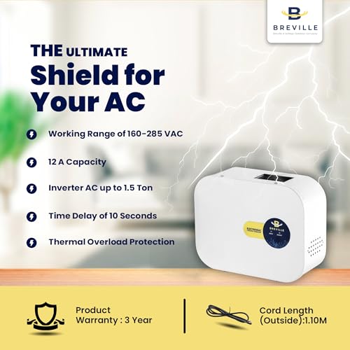 Image of Breville AC Voltage Stabilizer Upto 1.5 Ton AC | 160V-285V | LED Display | Low & High Voltage Protection for Inverter, Split & Window AC | 3-Year Warranty (White)