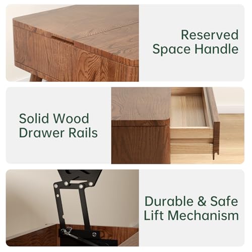 Lift Top Coffee Table,100% Solid Oak Wood Walnut Coffee Table with Drawers and Hidden Compartments, Rectangular Coffee Tables with Storage for Living Room Home Decor (47.24inch) - Image 5