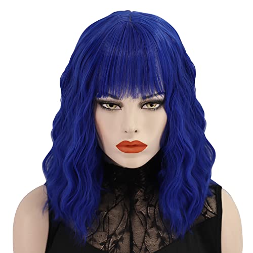 Cfalaicos Shoulder Length Short Bob Wavy Blue Wig with Bangs for Women , Synthetic Natural Looking Wavy Bob Wigs for Cosplay / Daily Use / Theme Parties
