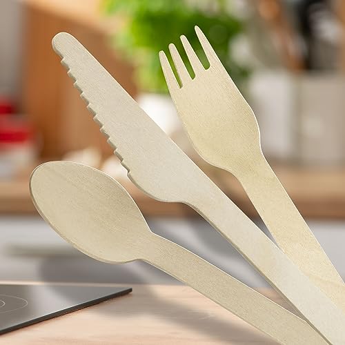 Holzbesteck Set aus Birke – Praktisches Mehrweg Besteck für Camping, Grillen oder Party – Biologisch abbaubar, gut für die Umwelt – 30 Messer, 30 Löffel & 30 Gabeln