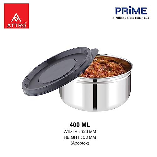 Image of ATTRO Prime Stainless Steel Single Wall Storage Containers Airtight & Leak Proof Containers for Office Use, School, Picnic, 400ml -Black-Set Of 4