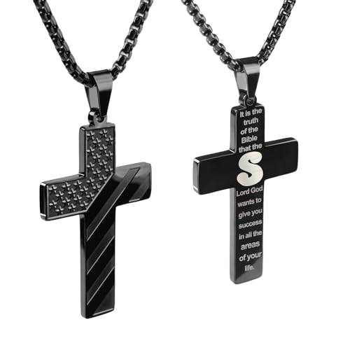 REGIS Cross Necklace for Men , Premium American Flag Stainless Steel with 24-Inch Lord's Prayer Pendant(S, black)