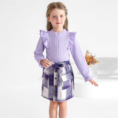Image of Weixinbuy Toddler Girl Fall Winter Clothes Solid Long Sleeve Ribbed T-Shirt Knit Tops Plaid Button Mini Skirts Set Outfits