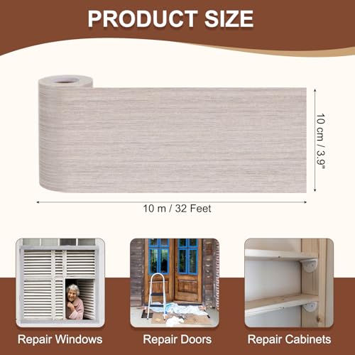 Image of MECCANIXITY Wood Grain Repair Tape, 4 Inch x 33 Feet Self Adhesive Wood Grain Tape Multi-Purpose Wallpaper Border Trim for Furniture Floors Windows Doors Tables Home, Light Gray