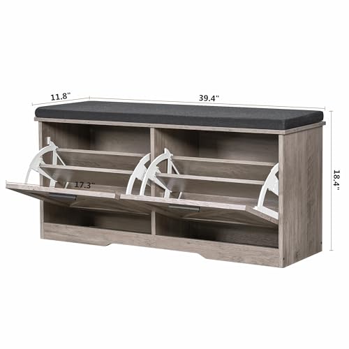 Shoe Storage Bench with 2 Flip Drawers, Entryway Bench with Padded Seat Cushion, Shoe Cabinet with 2 Barn Doors, 11.8" D x 39.4" W x 18.4" H, for Entryway, Living Room, Bedroom, Greige