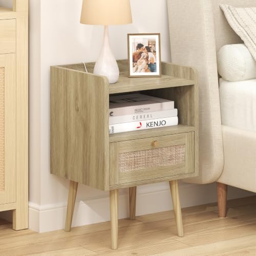 Image of MECHYIN Night Stand Set 2, Nightstands Set of 2 with Charging Station, Rattan Side Tables with Solid Wood Legs, Boho Bedside End Table for Apartment Bedroom Dorm Small Space