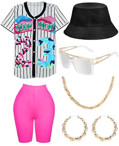 80s 90s Outfit for Women, Unisex Hip Hop Costume Baseball Jersey Shirt Yoga Pants Bucket Hat Gold Chain Rapper Accessories
