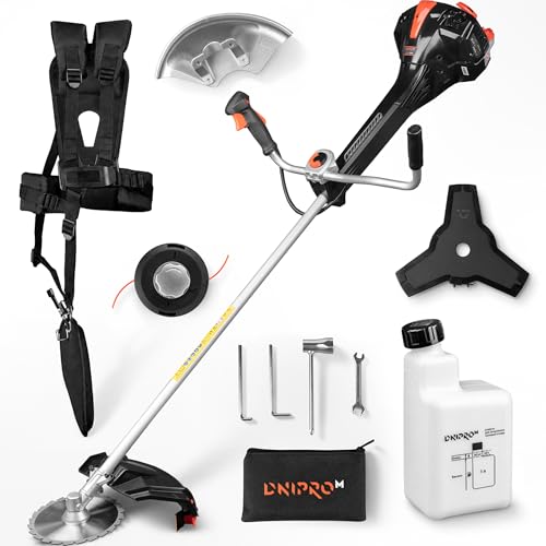 Dnipro-M Desbrozadora Gasolina 51,7 CC 2600W (3,5 CV), Motor 2 Tiempos, Hilo 450 mm y Disco 255 mm, Barra 28 mm, Arnés Mochila y Sistema Antivibración - 50RX