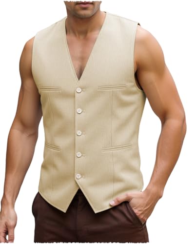 Men Suit Vest Summer Cotton Linen Leisure Beach Business Casual Waistcoat Solid V-Neck