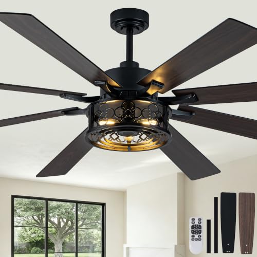 Image of 72 Inch Farmhouse Ceiling Fan with Lights Remote Rustic Fandelier | Black Caged Fandalier Ceiling Fan Industrial Large Chandelier, Reversible 6 Speed 8 Dual Blades 3 E26 Sockets for Living Room