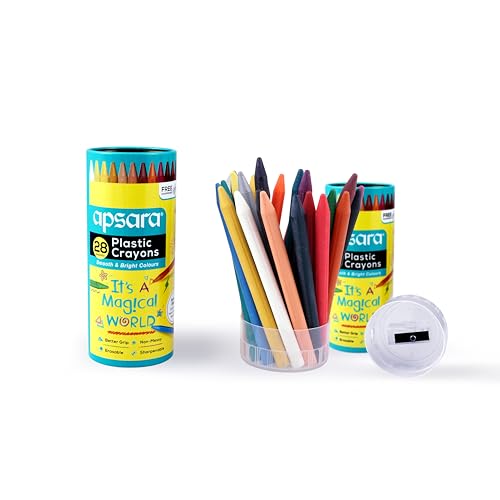 Image of Apsara Plastic Crayons-28 Shades,Smooth & Bright Colours,Better Grip,Non-Messy,Erasable,Sharpenable,Free Sharpner,1 Pc Pack,Ink Color-Multicolor