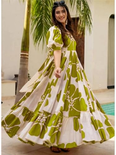 Image of Modestouze Attires Women's Floral Pattern Rayon Blend Maxi Dress with Sweetheart Neck Half Puff Sleeve Floor Length and Zipper Closure Type | Maxi Dress for Women Stylish | Dress for Women