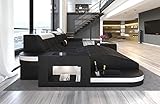 Ledersofa Wave L Form Ecksofa Sofa in Leder - mit LED Beleuchtung, verstellbare Kopfstützen, Recamiere/Lederfarben wählbar/Ausrichtung wählbar (Ottomane Links, Schwarz-Weiß)