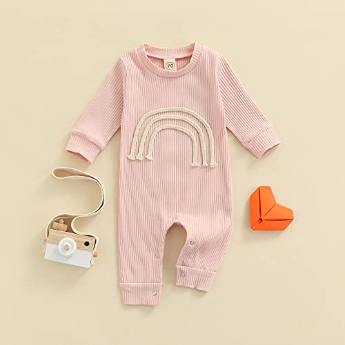 Newborn Baby Boy Girl Rainbow Romper Outfit Ribbed One Piece Jumpsuit Playsuit Long Sleeve Bodysuit Clothes (Pink, 0-3 Months) #TOP1