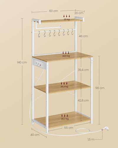 VASAGLE Estantería de Cocina con Enchufe Múltiple, Barra de Café de 4 Niveles con Estante Ajustable, 8 Ganchos S, Soporte de Microondas, 40 x 45 x 140 cm, Roble Dorado y Blanco Nube KKS013YA02 - imagen 6