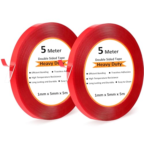Rusoz Cinta Doble Cara Extrafuerte, 2 Rollos Cinta Adhesiva Doble Cara Transparente Multifuncional Impermeable Largo 5m,Ancho 0.5mm Adhesivo Doble Cara Extrafuerte para Paredes, Plástico, Metal