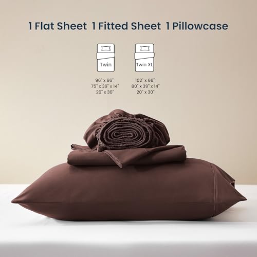 Image of SLEEP ZONE Nanotex Super Soft Cooling Twin Bed Sheets Set for Kids 3 Piece - Easy Care Fitted Flat Sheet & Pillowcase Sets - Wrinkle Free, Fade Resistant, Deep Pocket 16 inch (Brown, Twin)