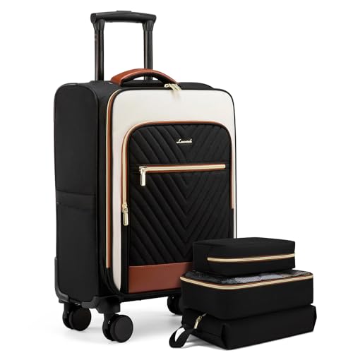 LOVEVOOK Carry On Luggage 22x14x9 Airline Approved, 21 Inch Softside Suitcases with Wheels, Lightweight Spinner Carry on Suitcase with TSA Lock, Black/White/Brown, 23 inch_Carry on