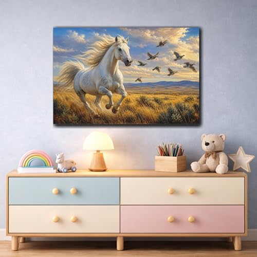 Toile cheval et oiseaux réalisme riche grand format sur châssis de 3cm