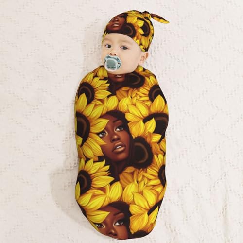 Image of Woman and Sunflowers Newborn Swaddle Blankets Hat Sets Soft Baby Receiving Blanket Swaddle Sack for Baby Shower Infant Boy Girl Gift