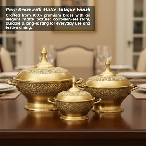 Image of cWc Pure Brass Itching Dinner Set - 70-Piece Traditional Indian Thali Set with Brass Plates, Bowls, Glasses, Spoons, Forks, Serving Handi, Jug & Tray | Premium Handcrafted Tableware