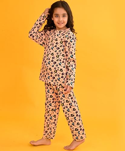 Image of ANTHRILO Pure Cotton Printed Pyjama Set for Girls | Regular Wear | Leopard Floral Long Sleeve Pyjama Set - Peach 9-10 Years