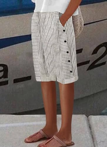 Women's Striped Print Black White Capris Pants 2025 Summer Elastic Waist Side Buttons Cropped Trousers with Pockets2