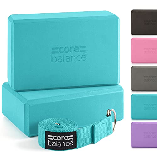 Core Balance – Lot 2 Blocs de Yoga + 1 Sangle – Brique Confort, Robuste, Légère en Mousse EVA Haute Densité pour Stretching, Fitness, Pilates – Ceinture Coton avec Boucle de Serrage D, 5 Couleurs