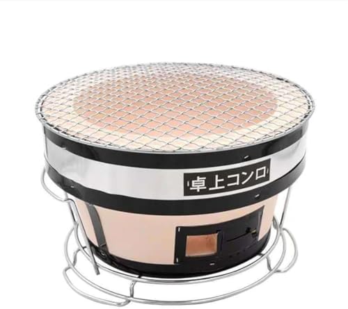 バーベキューコンロ 小さな丸い炭火焼き、 珪藻土丸型七輪 セラミック火鉢、炭火焼きコンロ、日本のセラミック粘土卓上炭ストーブ、キャンプやポータブルバーベキュークッカー家庭用 (粘土オーブン+縁付きグリル直径27cm)