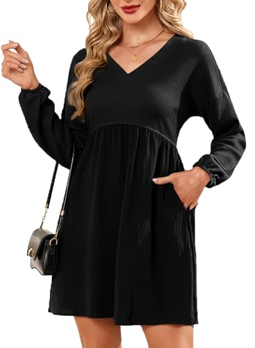 Dokotoo Womens Fall Dresses 2025 Casual V-Neck Long Sleeve Empire Waist Waffle Knit Mini Dress with Pockets