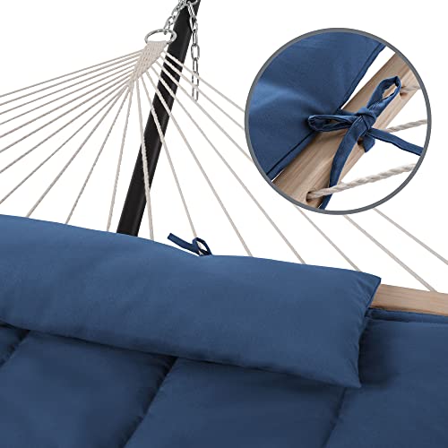 Image of SUNCREAT Hammocks Outdoor Double Hammock with Hardwood Spreader Bar, Heavy Duty Cotton Rope Hammock with Polyester Pad, Dark Blue