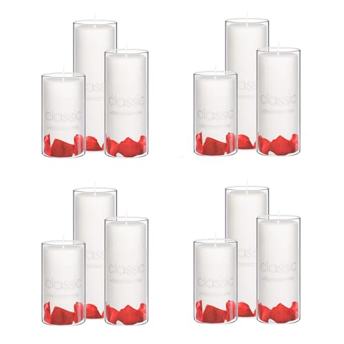 KZITLFE 24 Pcs Pillar Candles and Glass - Wedding Candles for Tables?2.6'' X 4.7'', 6'', 8'' White Pillar Candles Bulk in Glass for Weddings, Parties, Dinners Decorative (12 Set)