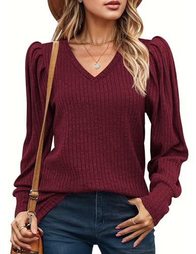 HOTOUCH Women's Knit Shirt Soft Puff Long Sleeve Blouse Tops Lightweight V Neck Tunic XS-XXL3