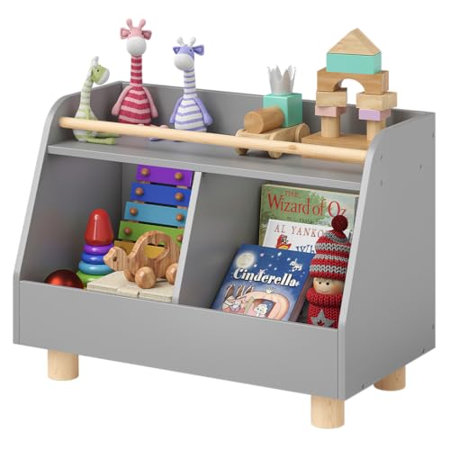 Bellabino Belly Bücherregal Kinder – Kinderregal mit 2 Fächern – Montessori Spielzeugregal mit Ablagefläche – Spielzeug Aufbewahrung Kinder Grau/Natur – Kinderzimmer Möbel aus Holz 52x38x72 cm