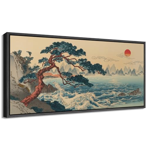 Image of MUDECOR Extra Large Framed Canvas Print Wall Art Traditional Asian Coastal Pine Tree Sunrise Landscape Antique Retro Ready to Hang Painting for Living Room Bedroom Multi-Sizes - 60 inchx30 inch