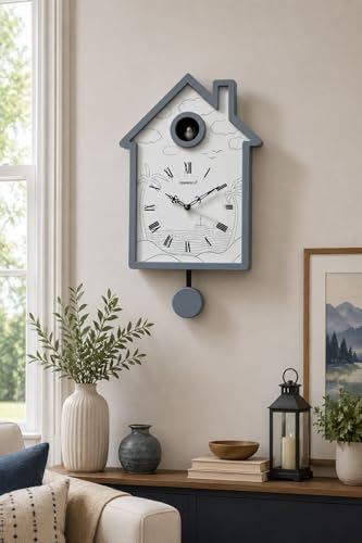Image of CHRONIKLE Modern Stylish Non Ticking Silent Analog Hut Shape Wooden Cuckoo Wall Clock for Home, Living Room, Bedroom, Office, and Kitchen (White) (18 x 10 Inch : Weight - 2350 Grm)