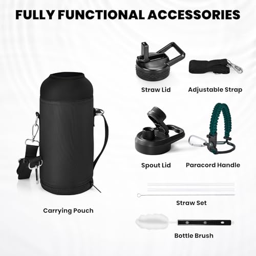Image of RAYMYLO Insulated Water Bottle 32 oz, Triple Wall Vacuum Stainless Steel (Cold for 24Hrs, Hot for 12Hrs), Leak Proof & Non-BPA, Modern Water Flask Jug with Paracord Handle & Straw Spout Lids