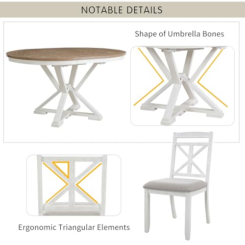 Image of 5-Piece Extendable Dining Set, Retro Kitchen Table for 4 6 People with Removable Middle Leaf and 4 Upholstered Chairs, Round Dining Table for Kitchen, Dining Room, White Brown