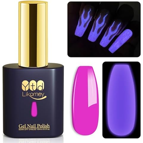 YTD Likomey Glow in the Dark Gel Nail Polish,15ml Hot Pink Color Purple Luminous Glow Effect UV Gel,Fall Winter Fluorescent Manicure Pinkish Purple UV Manicure Nail Art Varnish,YG380 Cover
