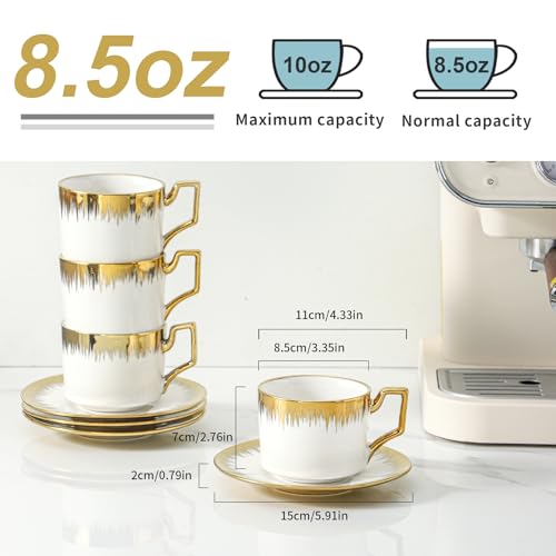Ceramiczny zestaw filiżanek do kawy, 6-częściowy kubek do układania w stos ze spodkami do espresso lub herbaty, elegancki wystrój kuchni domowej, 250 ml ze złotą krawędzią