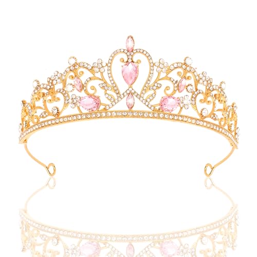 CAVETEE Pink Crown and Tiara for Birthday Costume Party Celebration Bridal Prom Birthday Headpiece (Gold&Pink onesize)